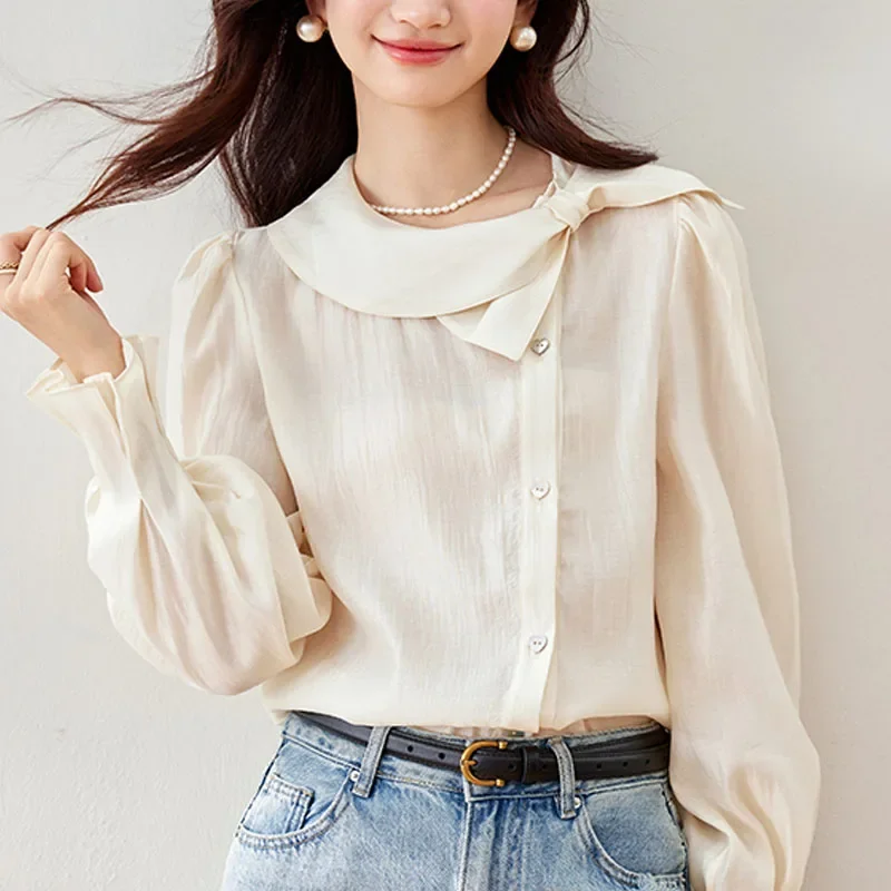 Новые модные осенние блузки с длинным рукавом и круглым вырезом женская рубашка