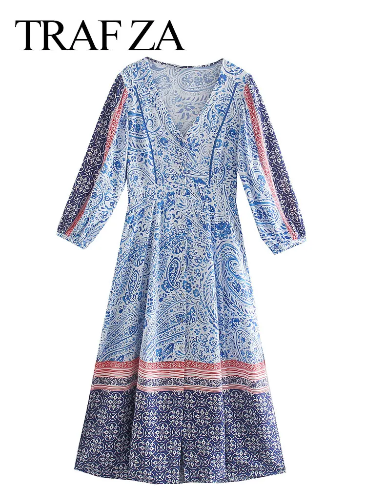 

TRAF ZA Fashion Women Vintage Print Blue And White Porcelain Dress V Neck Single Breasted Side Split Chinese Style Long Dress