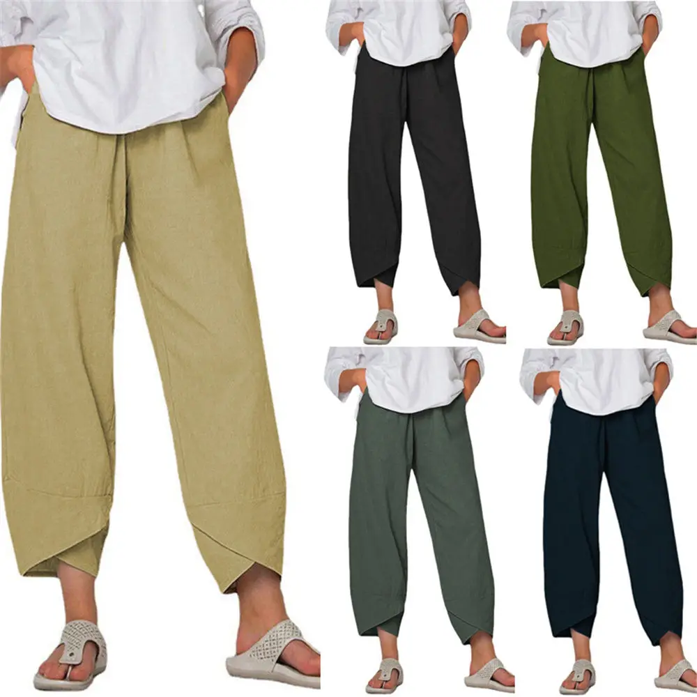

Women Summer Cropped Harem Pants Oversized 5XL Cotton Wide Leg Trousers Vintage Khaki Ankle Length Plus Size Sarouel