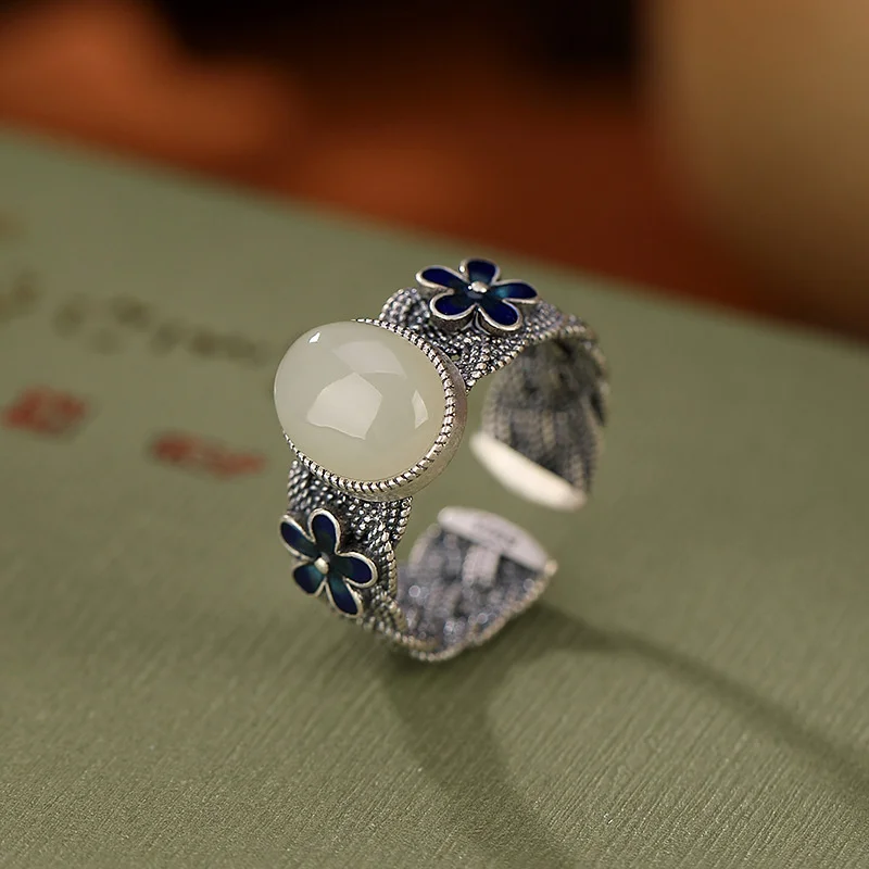 

Yilu Silver S925 Sterling Hotan Jade Used Plum Blossom Weaving Ring Temperament Versatile Flower Opening