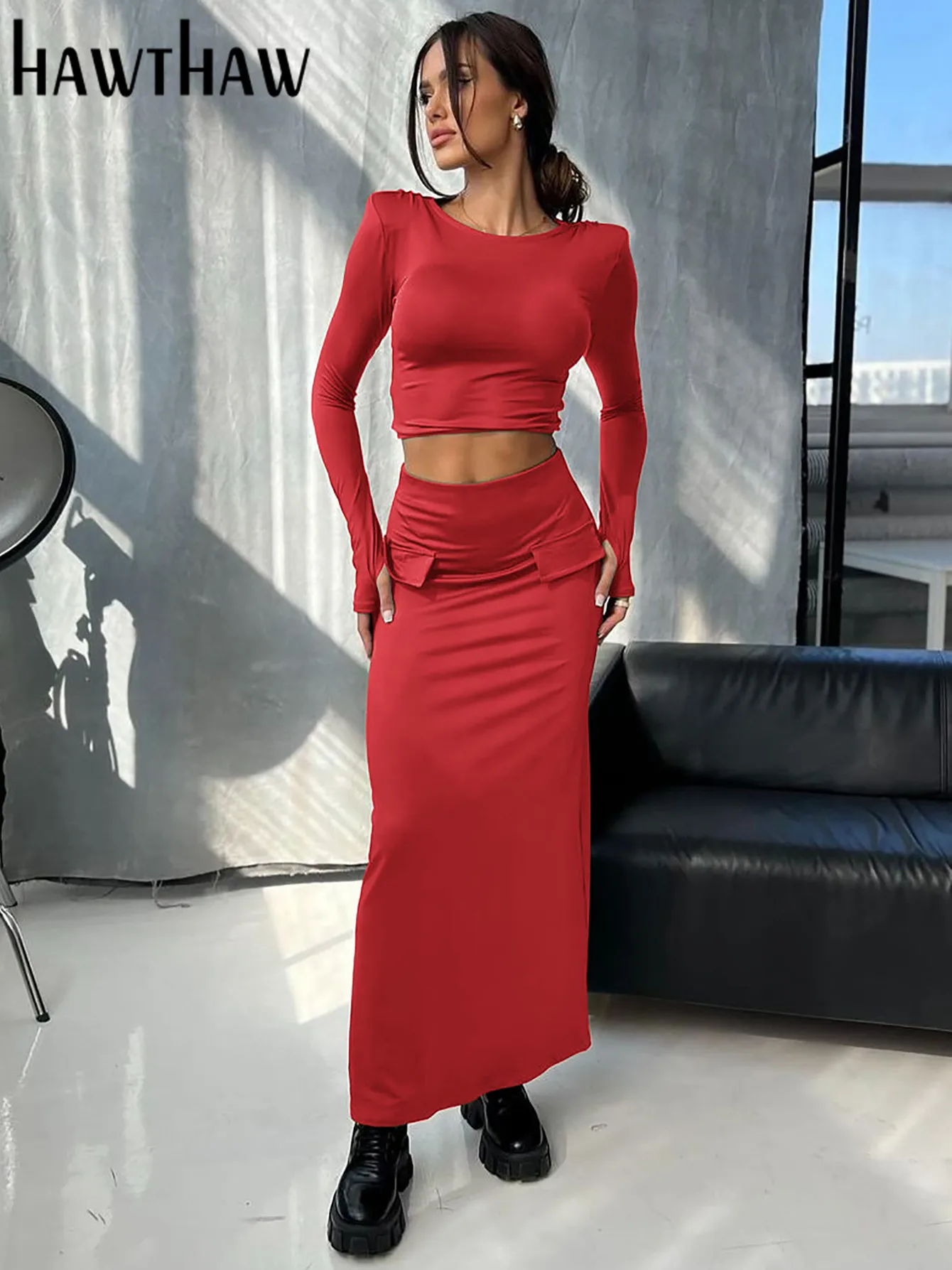 Hawthaw Women 2024 Spring Autumn Long Sleeve Crop Tops Skirts Two Piece Sets Outfit Basic Wholesale Items For Business