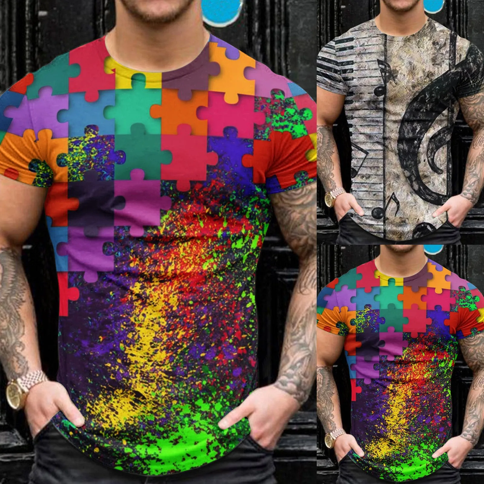 

Футболка мужская с геометрическим принтом, повседневная Модная приталенная рубашка с круглым вырезом и 3D-принтом, топ с коротким рукавом дл...