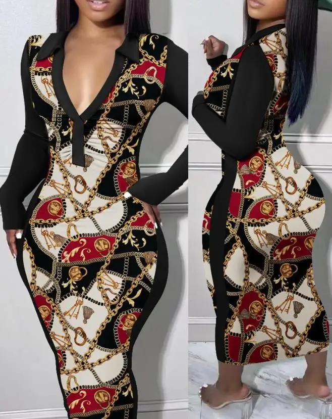 

Scarf Chain Print Long Sleeve Ruched Bodycon Dress