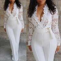 women lace jumpsuit long sleeve white stitching v neck large size wide leg long pants office lady jumpsuits for women
