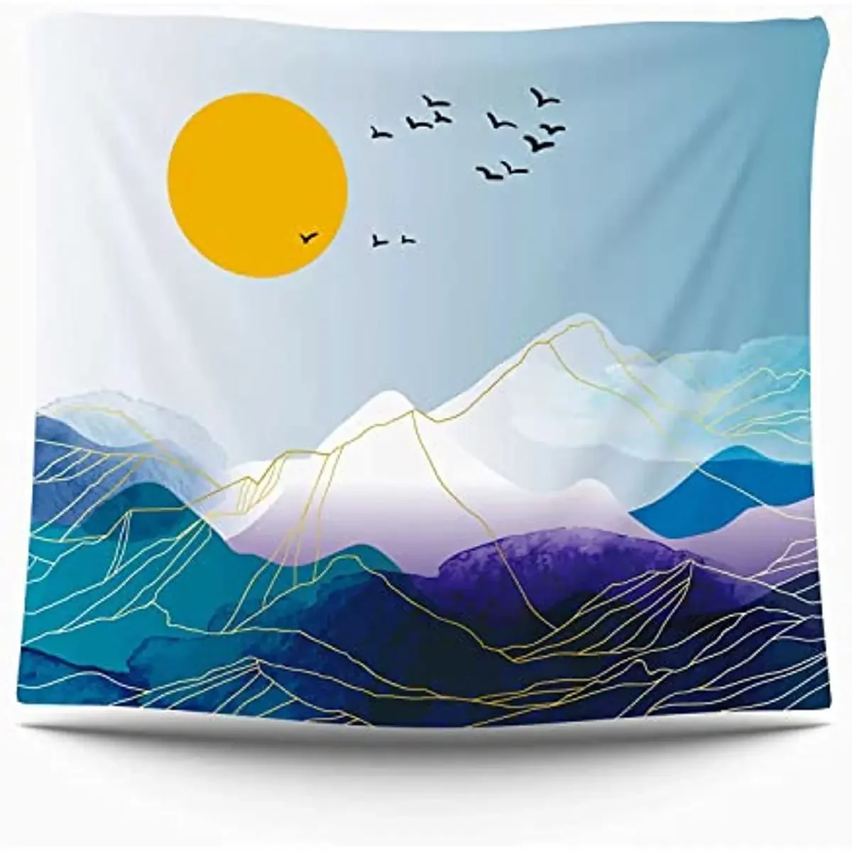 Горный гобелен настенный с лесными деревьями многоцветный изображением заката