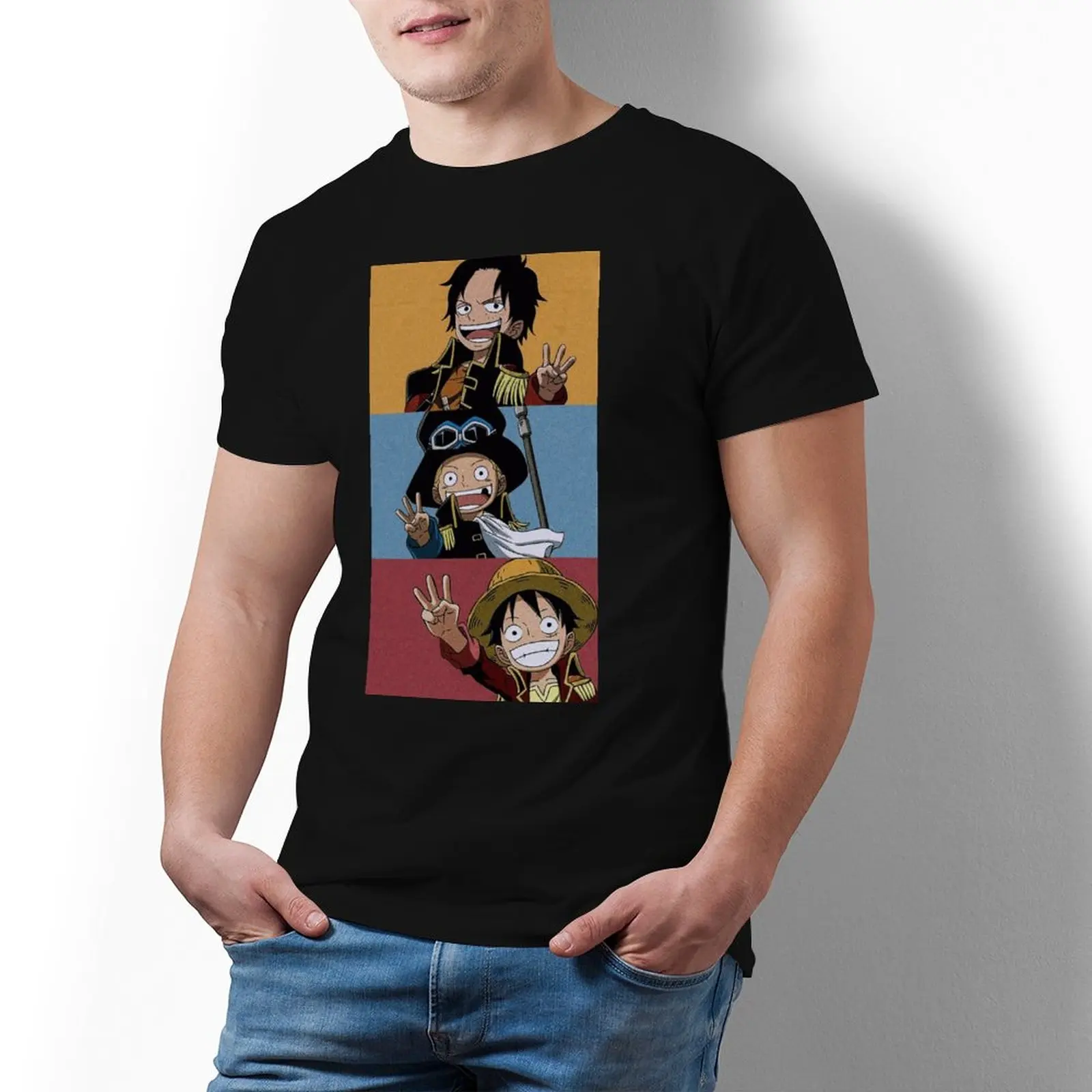 

Bandai One Piece Ace Sabo Luffy Bro Panel Stripe T Shirt Anime Man Awesome T-Shirt Plus Size Graphic Cotton Tee Shirt