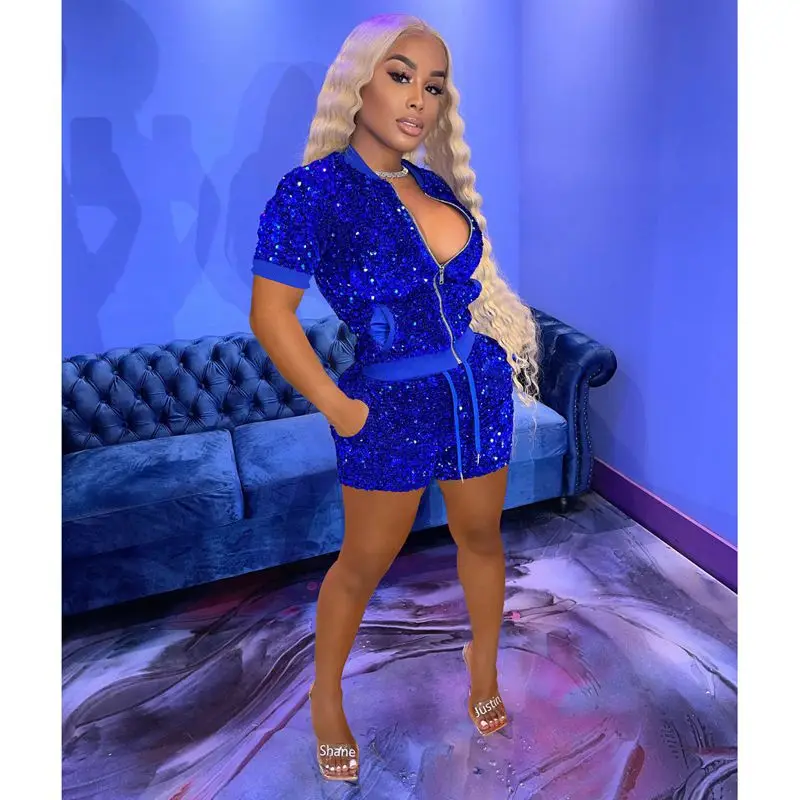 

Summer 2 Pieces Set Women Sexy Nightclub Sequined Short Sleeve Zip Coat Top+Shorts Sets Vacation Outfits Streetwear Wholesale