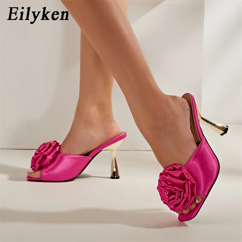 

Eilyken/Дизайнерские атласные женские шлепанцы на высоком каблуке с цветочным рисунком; Летние модные вечерние модельные туфли с квадратным н...