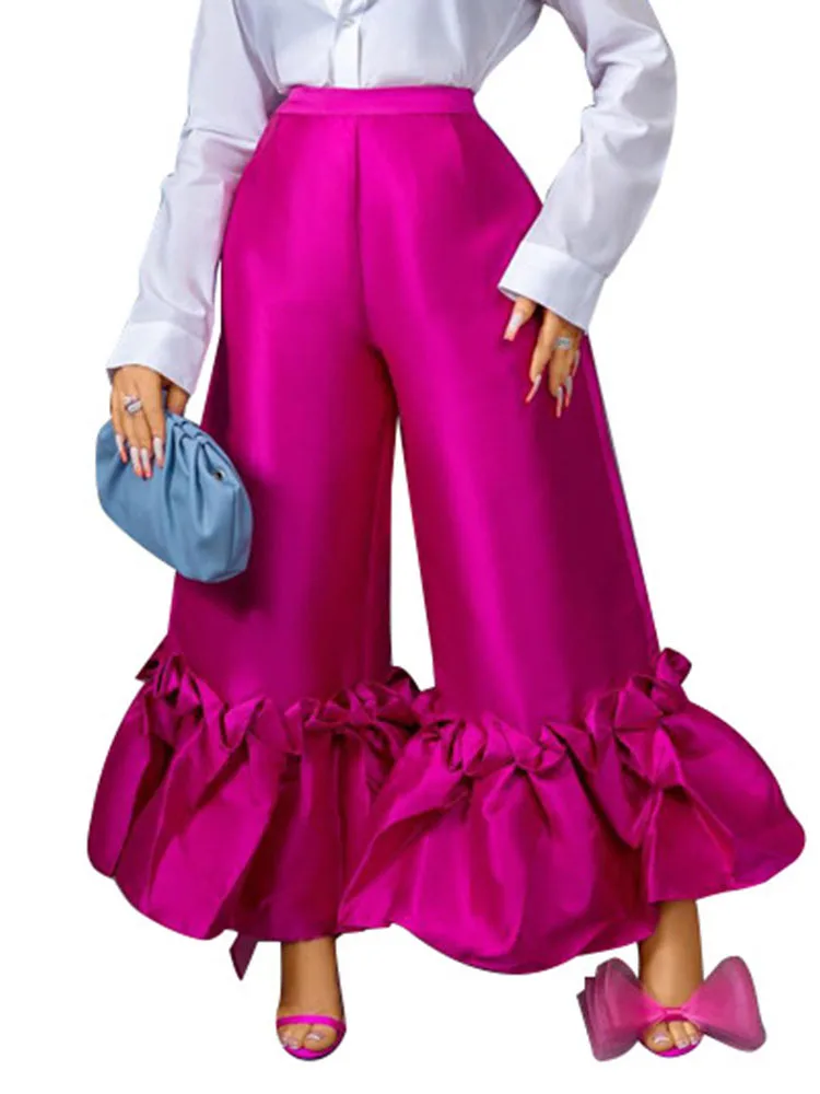 

Szkzk Sexy Ruffle Satin Club Flare Pants Women High Waist Nightclub Outfits Zip Up Black Party Evening Long Pants Bell Bottoms