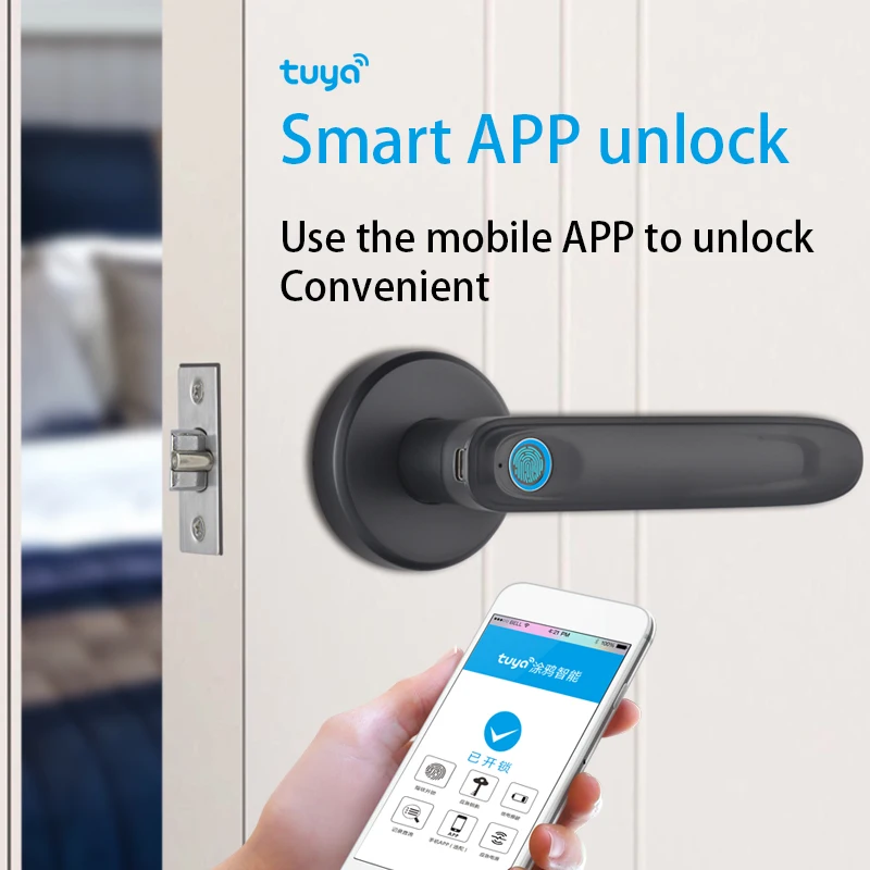 

Tuya APP Lever Handle Lock USB Charging Fingerprint Security Handle Lock Battery Powered with 2 Keys Keyless Entry for Apartment