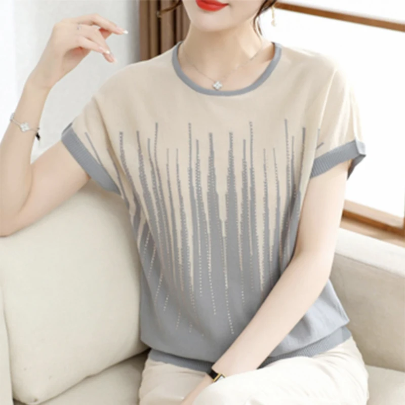 Elegant Simple Summer Knitted Blouse Pullover Ice Silk Shirt Short Sleeve Women Print Casual Woman 2023 Loose O Neck Tops 27043