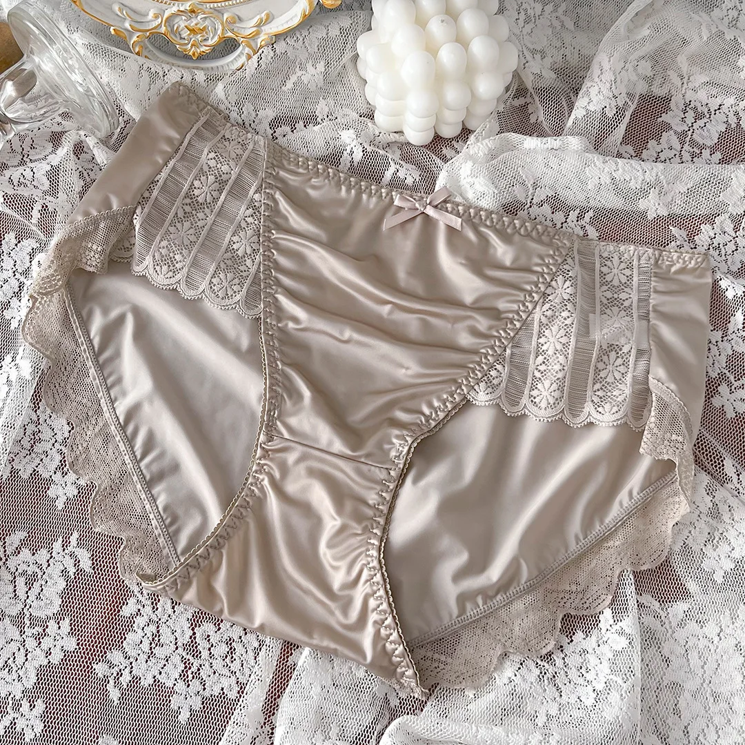 

2023 New High End Satin Traceless Ice Silk Skincare Lightweight, Breathable Sexy Pure Desire Large Mid Waist Underwear for Women
