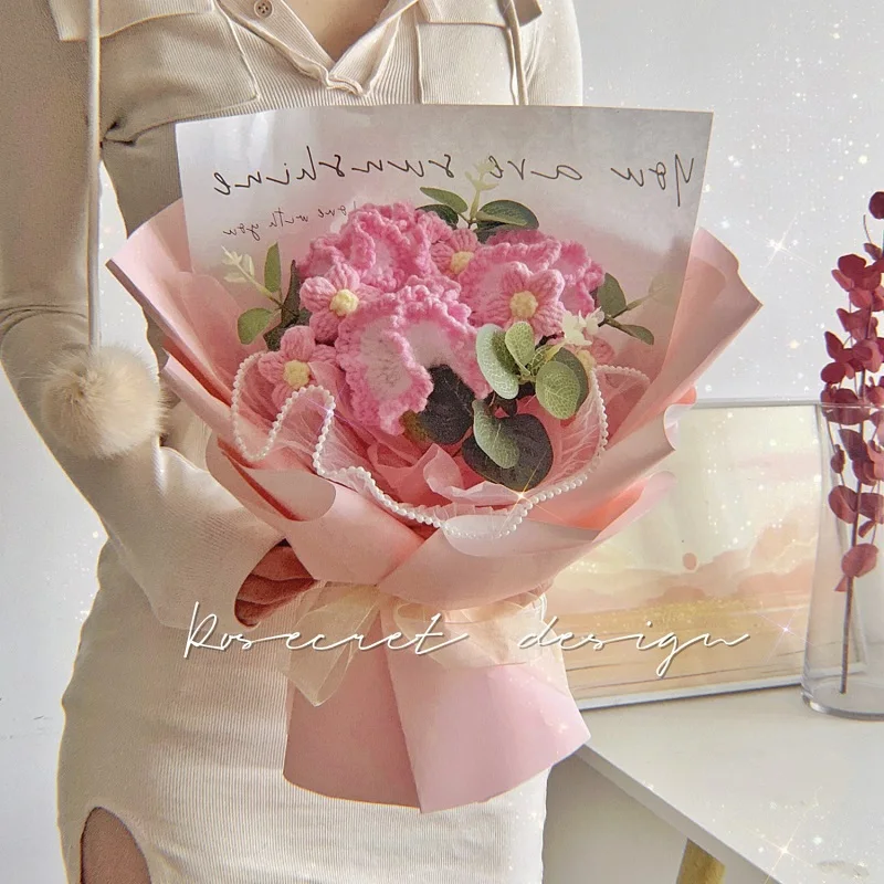 Искусственный букет из шерсти гвоздики ручной вязки Подсолнухи роз хлопковые