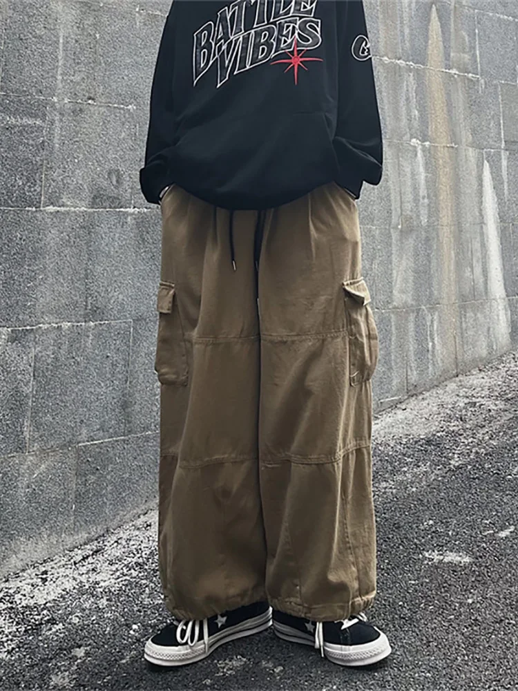 

Solid Casual Pants Men Pleated Pockets Men's Fashion Clothing Mopping Style Spring Loose Bottom Drawstring Wide Pant Trousers