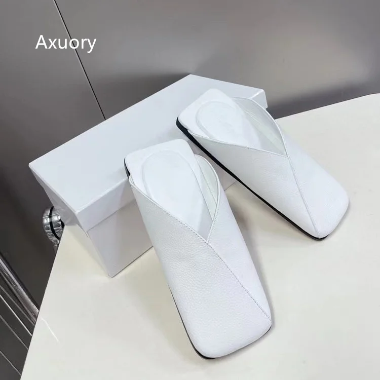 2023 New Flat Bottomed Slippers Solid Color Fashion Square Flat Shoes Genuine Leather Lovely Style High Quality