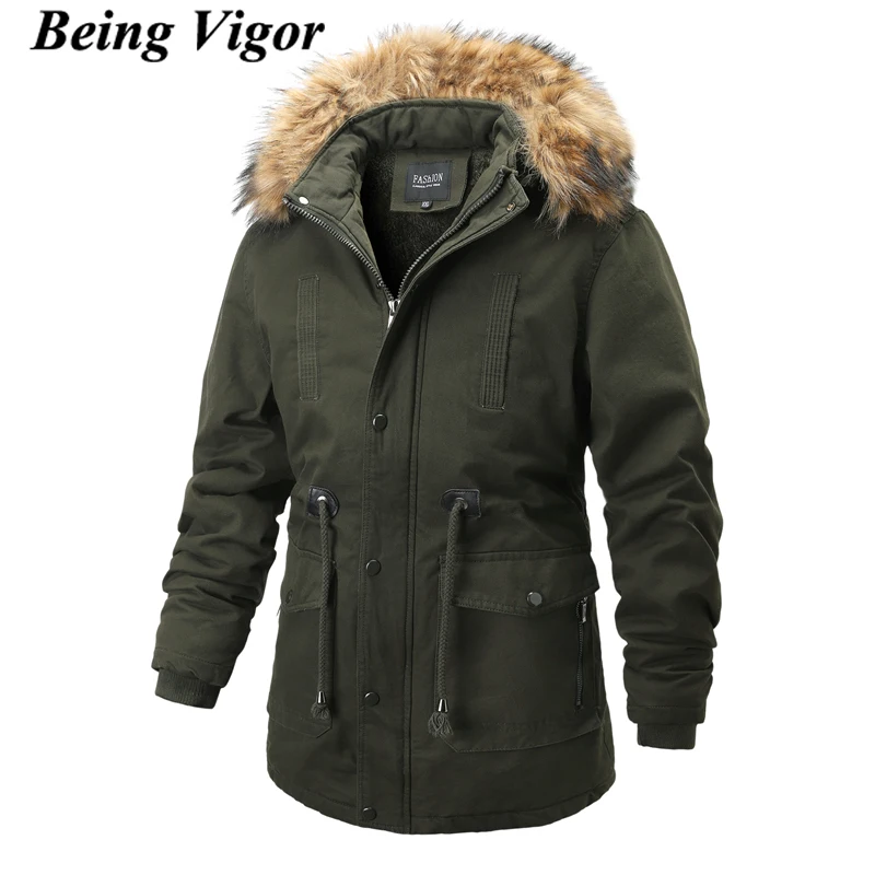 

Being Vigor Winter Men Outerwear Full Cotton Mens Parka Jacket Lined With Wool Lining Full Zipper Detachable Hood Man Thick Coat