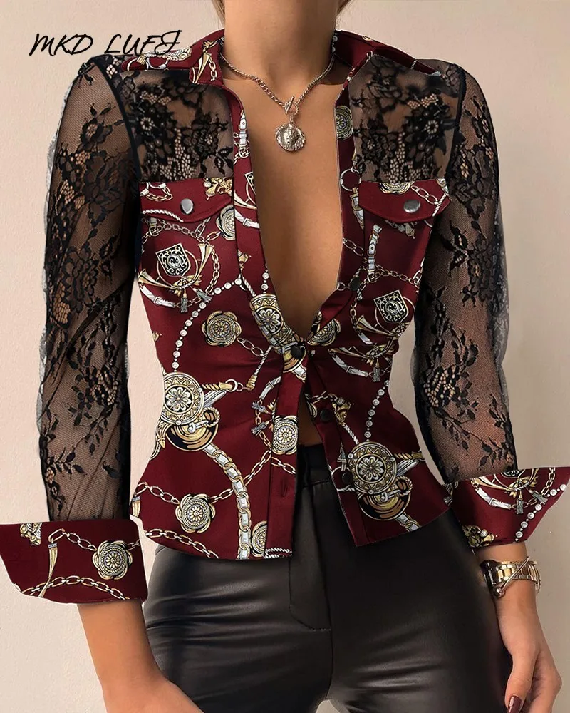

MKDLUFI Chain Baroque Print Contrast Lace Button Down Shirt Tops