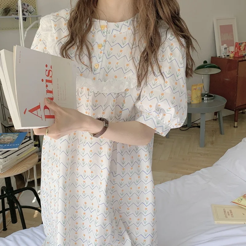 Women's Pajamas Night Dress Korean Fashion Lounge Wear Floral Lace Round Neck Cotton Sleeve Sleepdress Nightgown Women Cotton