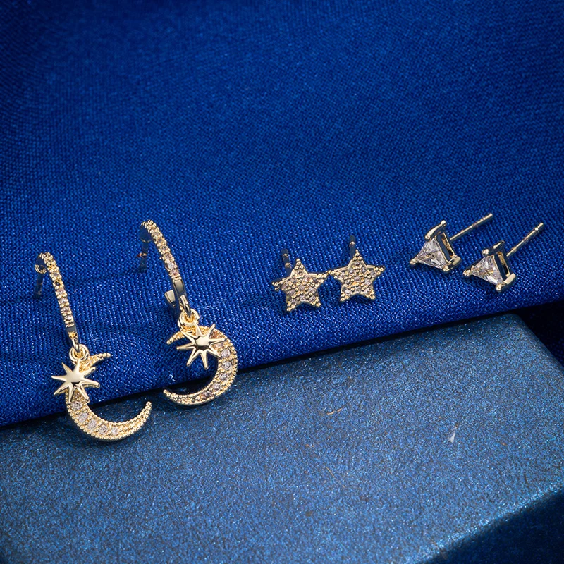 

3 шт., женские серьги-гвоздики золотого цвета с фианитом