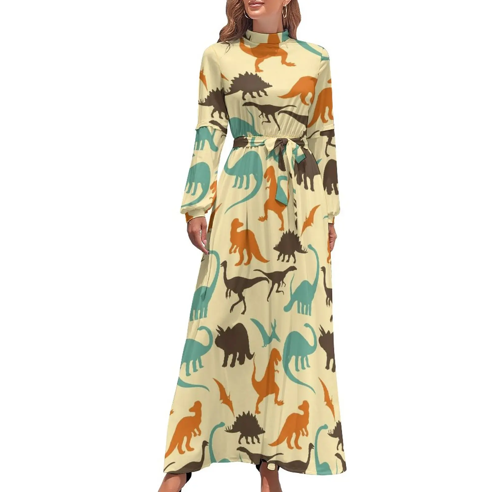 

Dinosaurs Silhouette Dress Long-Sleeve Cartoon Animals Print Maxi Dress High Waist Street Fashion Pattern Bohemia Long Dresses