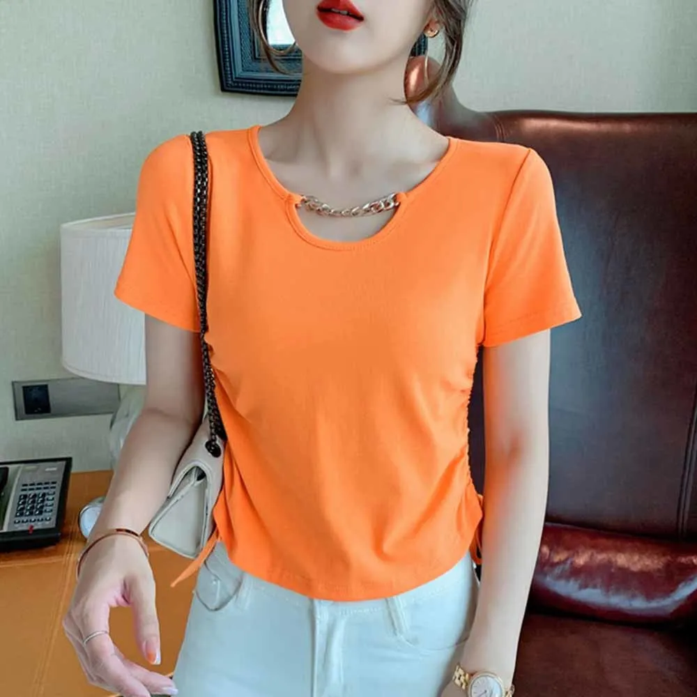

Summer Korean Clothes Solid T-Shirt Fashion Hollow Out Women Tops Short Sleeve Sexy All Match Tees Hot 2022