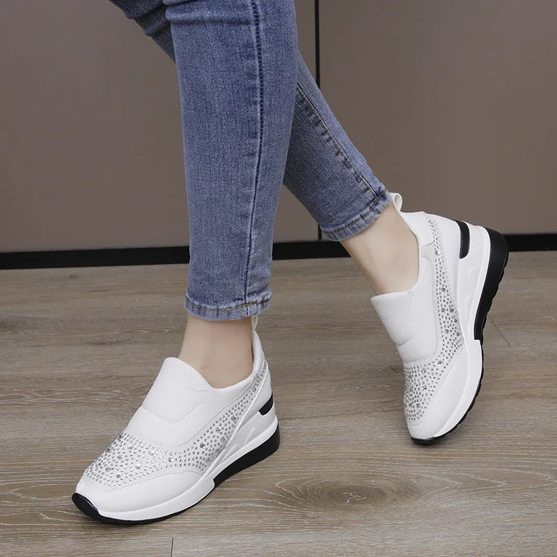 

New Women's Thick-soled Breathable Casual High-heeled Shoes Wedge Loafers Inner Heightened Rhinestone Casual Sneakers