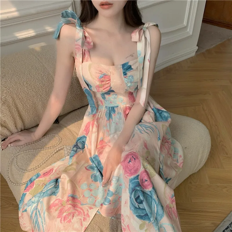 

2022 Summer Women Vintage Flower Sling Dress Bow Tie Strap Square Neck Sleeveless Slim Midi Floral Skirt French Ladies Clothes