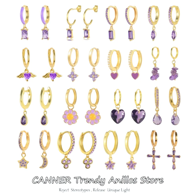 

CANNER Real 925 Sterling Silver Fine Purple Pendiente Piercing Hoop Earrings For Women 2021 Fashion Luxury Crystal Round Jewelry