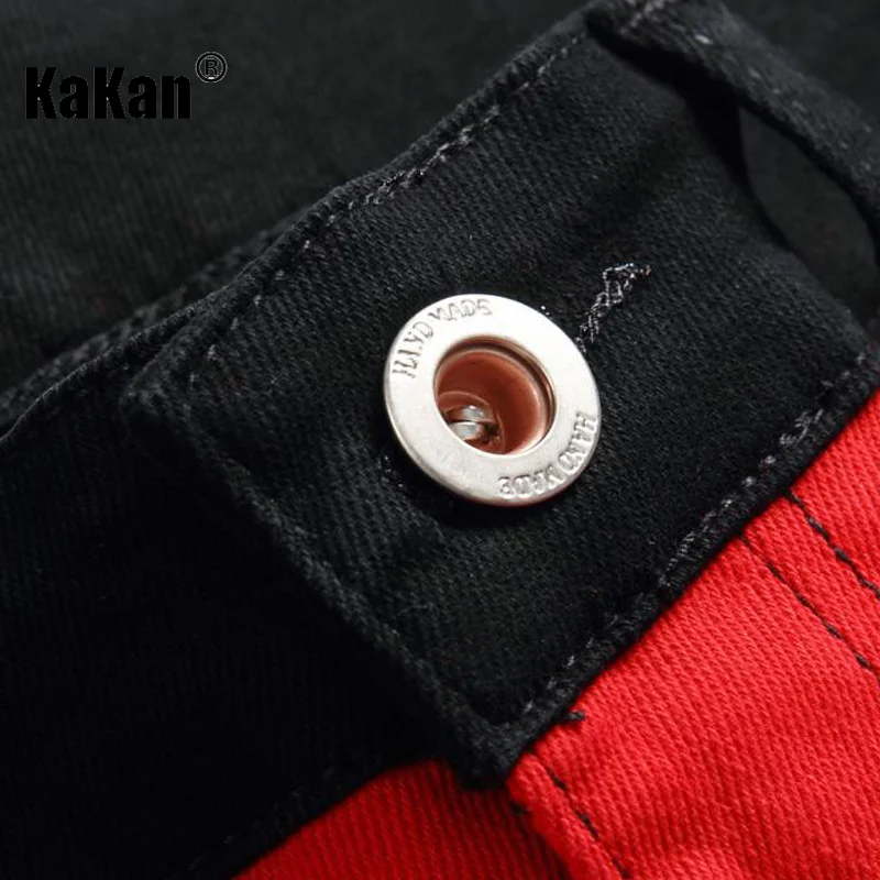 Kakan - New European and American Men's Jeans, Slim Fitting Straight Tube Black Red Patchwork Checkered Denim Pants K23-7275