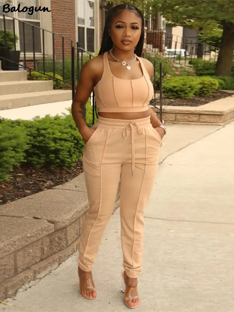

Balogun Summer Brown 2 Two Piece Sets Tracksuit Womens Street Outfits 2022 Black Sleeveless Crop Top And Long Pants Sets Female