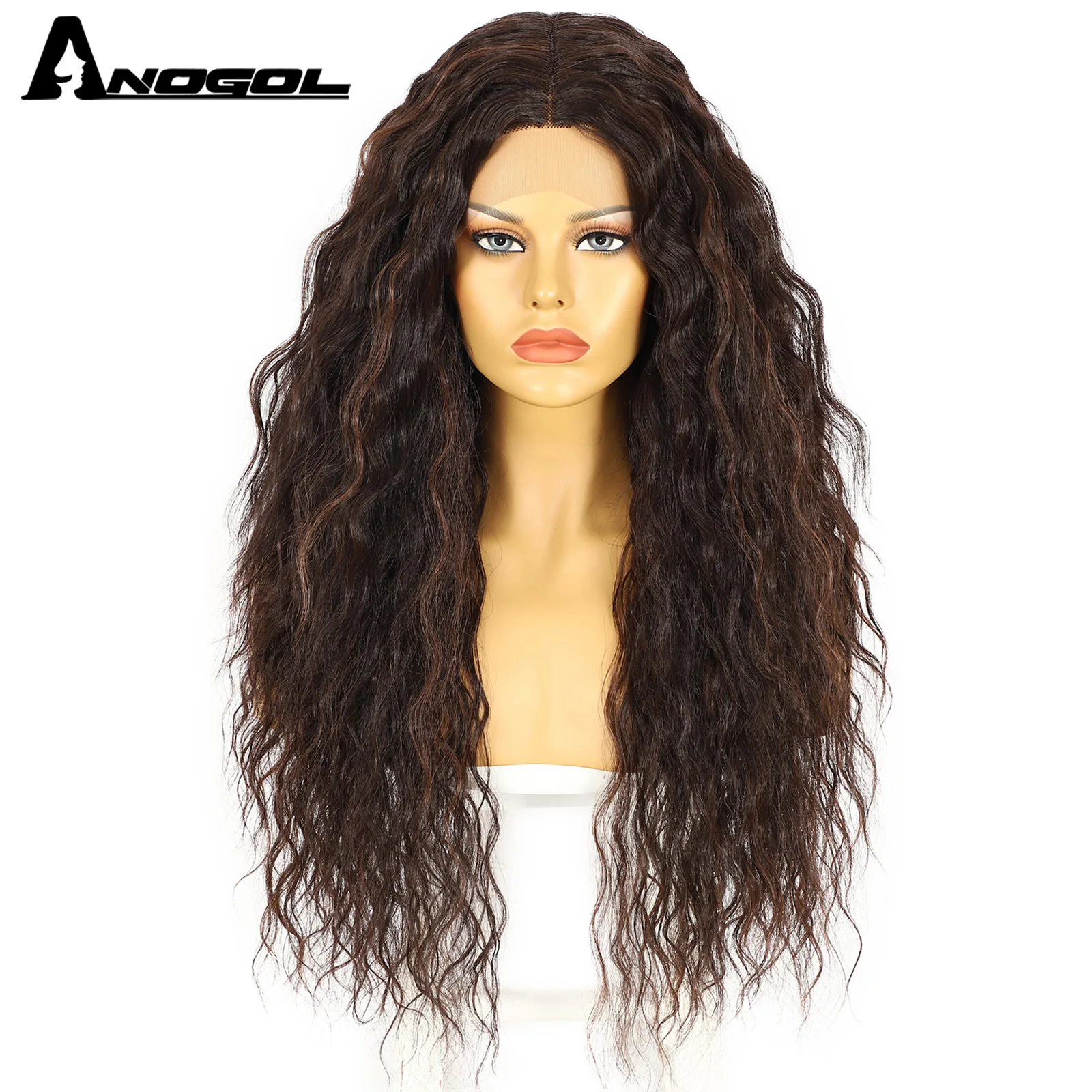 ANOGOL Synthetic Wigs 28IN TPart Lace Hightlighting Brown Water Wave Middle Part Hair PrePlucked Black Kink Curly Wig For Women