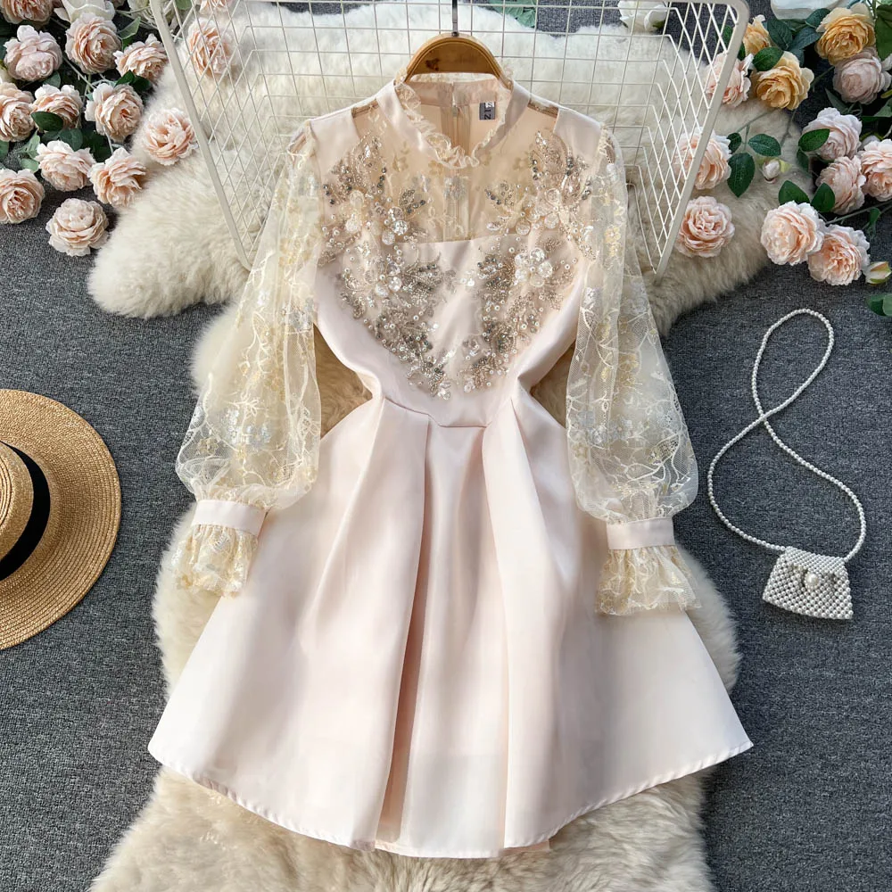 Luxury Fashion Spring Beaded Lace Splicing Mini Dress Women's Stand Collar Flower Embroidery Sequins See Through Party Vestidos