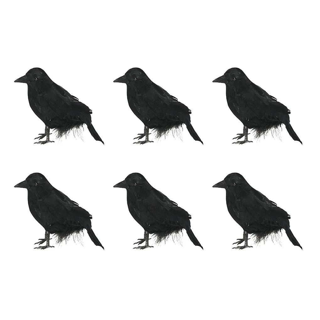 

6Pieces Halloween Black Crow Ornament Simulation Feather Decor Artificial Statues Art Craft Gift for Garden Yard Tree Lawn