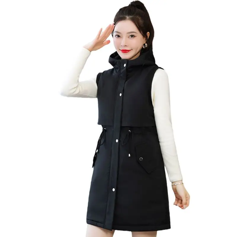 

Autumn Winter Long Women Vest Coats Solid Hooded Down Cotton Outerwear Waistcoat Fashion Tops Sleeveless Jackets Famale Clothing