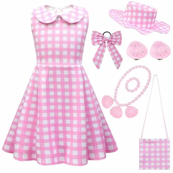 2023 Hot Movie Barbi Costume for Girls Cosplay Pink Plaid Dress Halloween Fancy Dress Up Carnival Party Kids Clothes 3-10 Yrs 1
