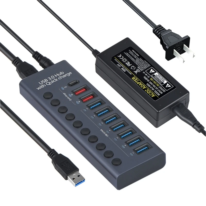 

10-Port Hub, 9x USB 3.0+Type-C Hub with Switch & 12V5A 60W Power Adapter Supports Charging for Tablet Phone PC Laptop