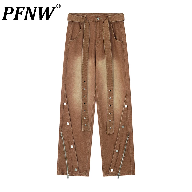 

PFNW Autumn New Men's American High Street Vintage Washed Y2k Zipper Jeans Male Hiphop Loose Ribbons Unisex Cargo Pants 28A3664
