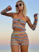 2022 summer knitted two piece set women short crop top pant shorts sets casual ensemble femme 2 piece sets womens outfits