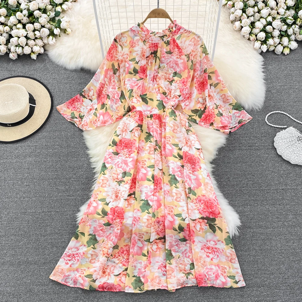 

SuperAen Summer High-end Temperament Stand Collar High Waist Pleated Flare Sleeve Waist A-line Dress Elegant Dresses
