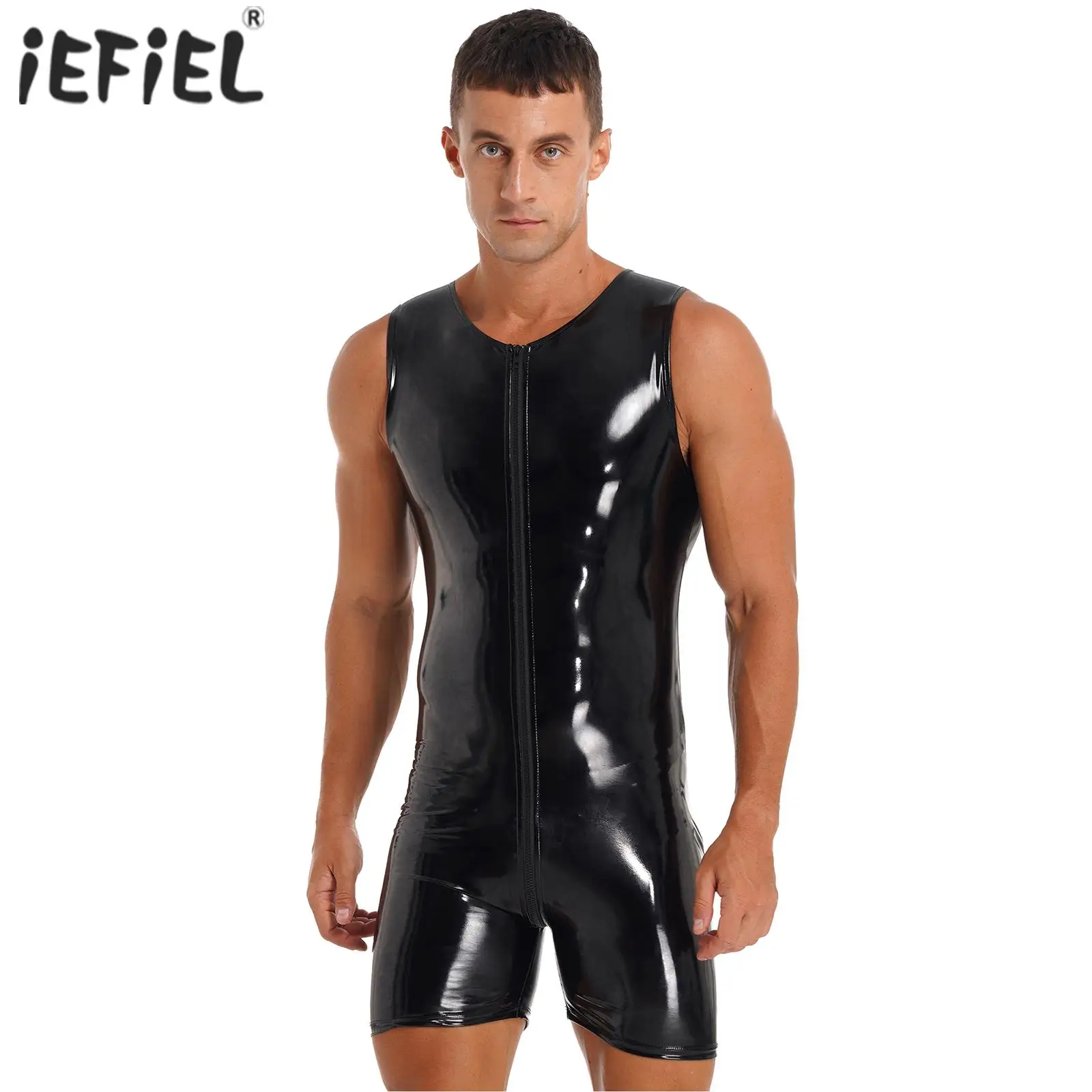 

Gay Mens Glossy PVC Patent Leather Bodysuit Costumes Sleeveless Zipper Crotch Jumpsuits Lingerie Pole Dancing Bodysuits Clubwear