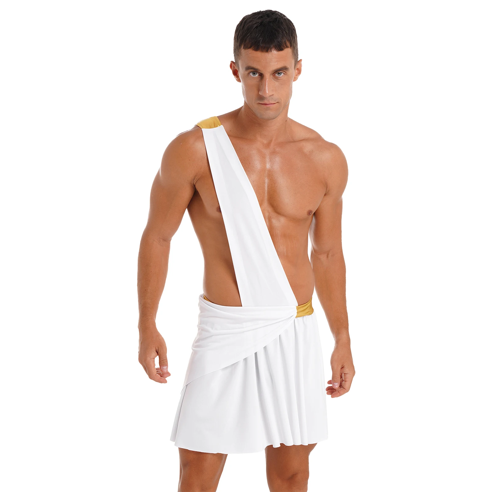 

Mens Ancient Greek God Gladiator Halloween Cosplay Costume One Shoulder Skirt Cuffs Theme Party Knight Warrior Role Play Outfits