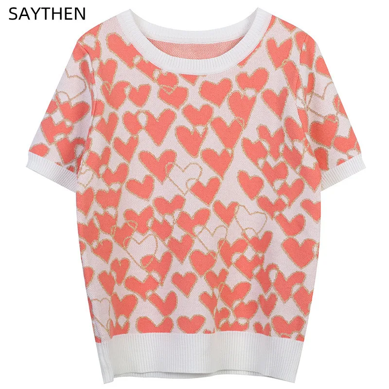 

SAYTHEN 2022 New Summer Women Green Pink Contrast Color Jacquard Sweet Gold Thread Love Short-Sleeved Round Neck Top T-Shirt