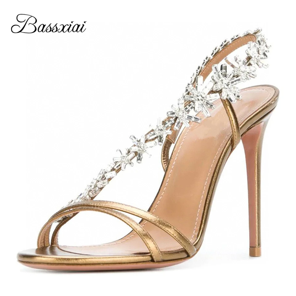 

Luxury Jeweled Crystal Narrow Band Sandals Women 10cm Stiletto Heel Sexy Open Toe Patent Leather Party Shoes Summer