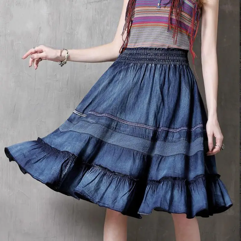 

2023 Spring New Fashion All-match Patchwork Denim Skirt Casual Comfortable Solid Color Women Knee-length Ruffles Skirt
