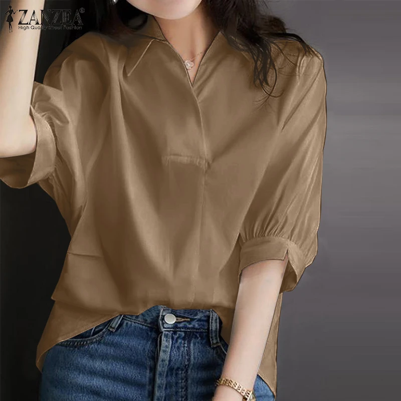 

Elegant Solid Blouse Tops Blusas Women Office Shirts Work OL 2022 ZANZEA 3/4 Sleeve Lapel Neck Party Shirts Femininas Oversized