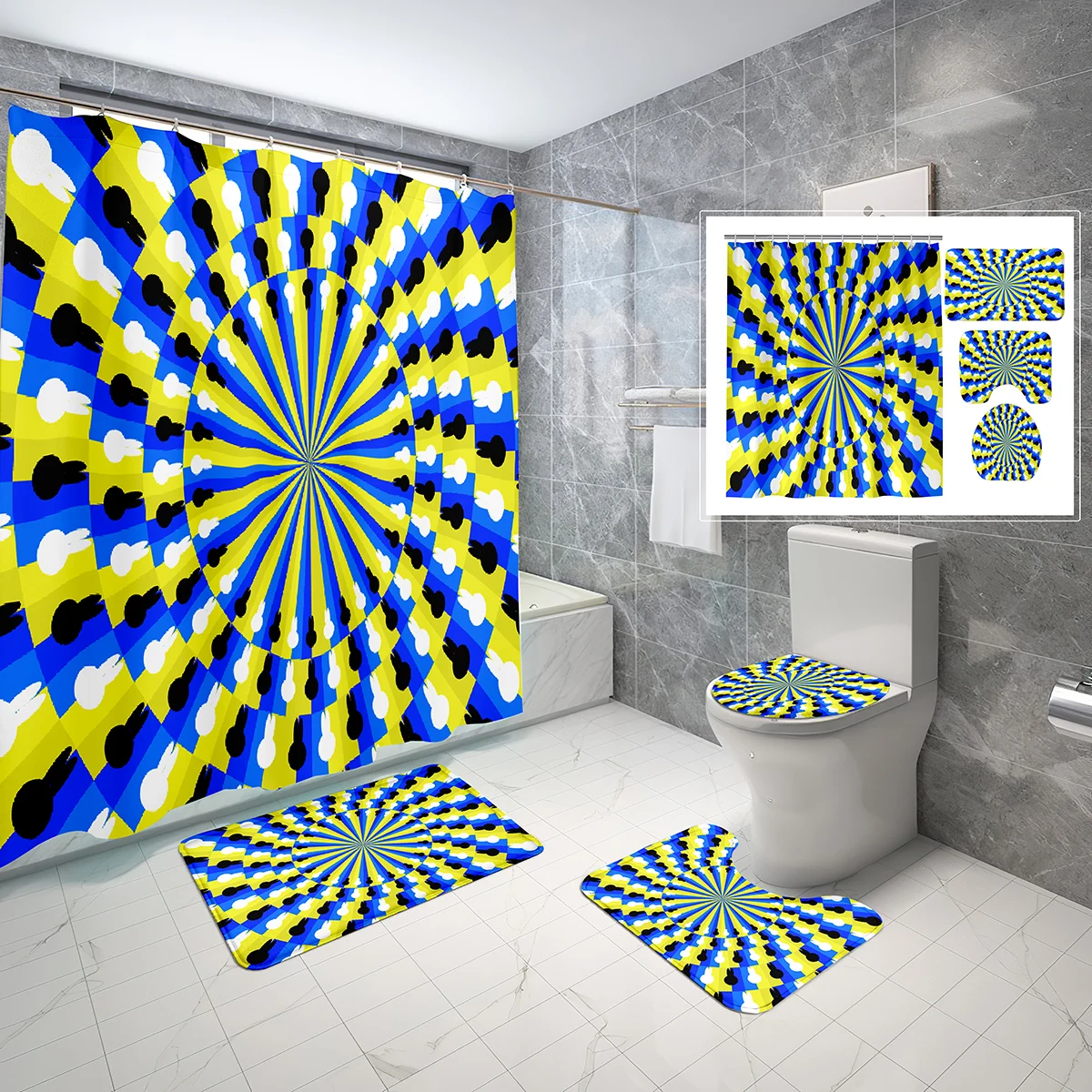 

4 Pcs Colorful Psychedelic Dizziness Shower Curtain Sets with Toilet Lid Cover Mat Non-slip Rug Optical Illusion Shower Curtain