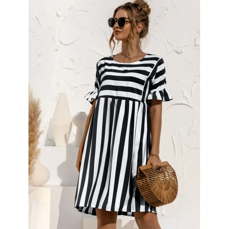 

Elegant O-neck Ruffle Sleeve Dress 2024 New Women's Fashion Casual Stripe Loose Summer Street Beach Holiday Dress Ropa De Mujer