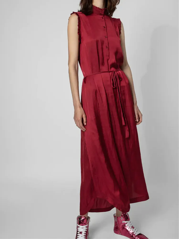 

Women Mid-calf Robes Sleeveless Stand Collar Simple Elegant Dress Lace-up Buttons Solid Vintage New