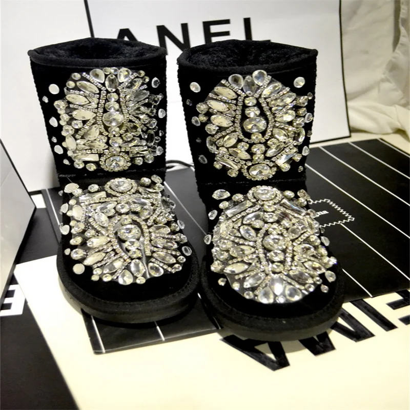 

Classic Luxury Diamond Gem Beads Tassel Handmade Custom Rivets Sequins Flat Waterproof Snow Boots 35-44