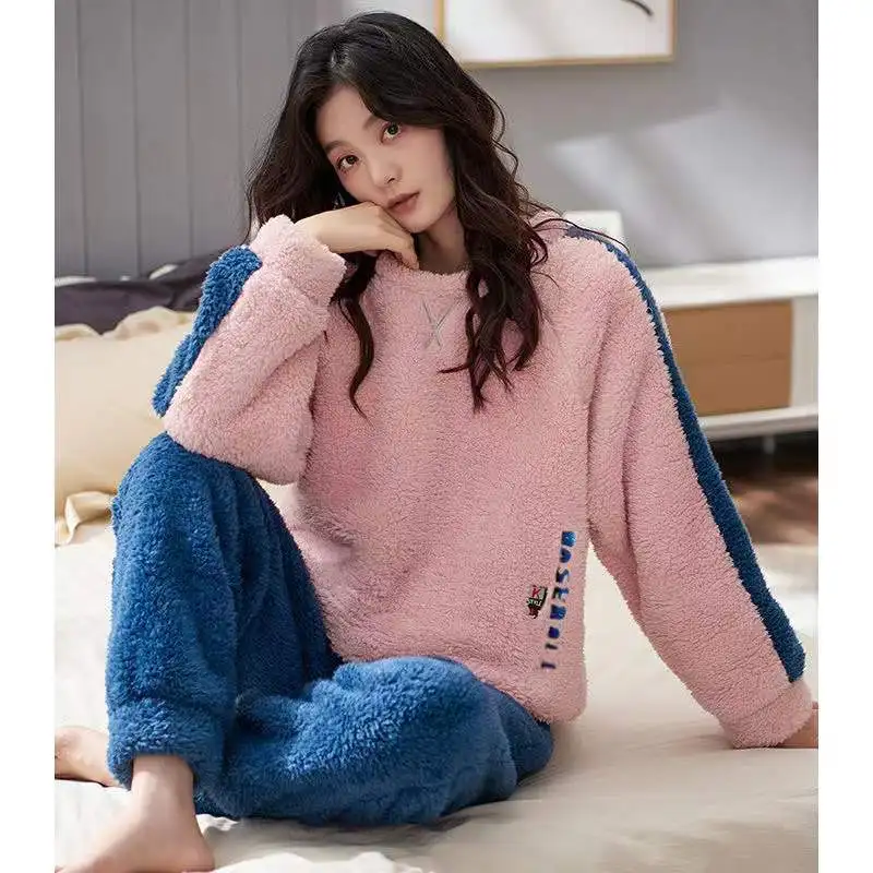 M-4XL Coral Velvet Pajamas Sets Women Winter Thick Warm Flannel Sleepwear Round Neck Loose Pyjamas Suit Home Clothing